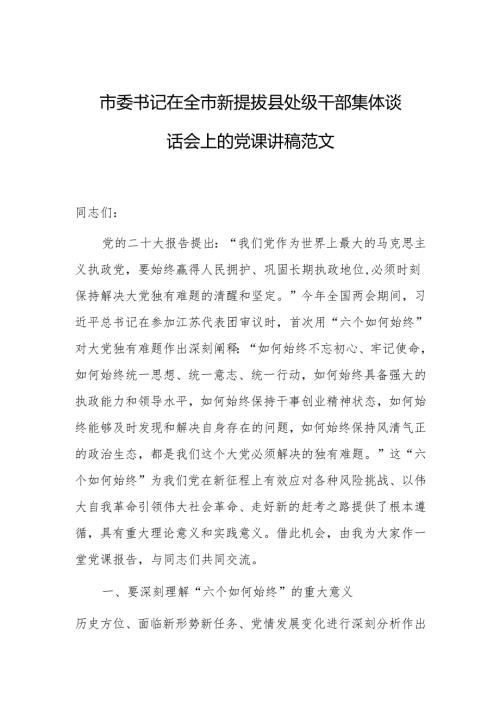 书记在新提拔处级干部集体谈话会上的党课讲稿范文.docx