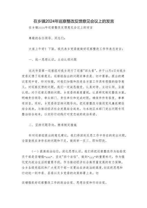 在乡镇2024年巡察整改反馈意见会议上的发言.docx
