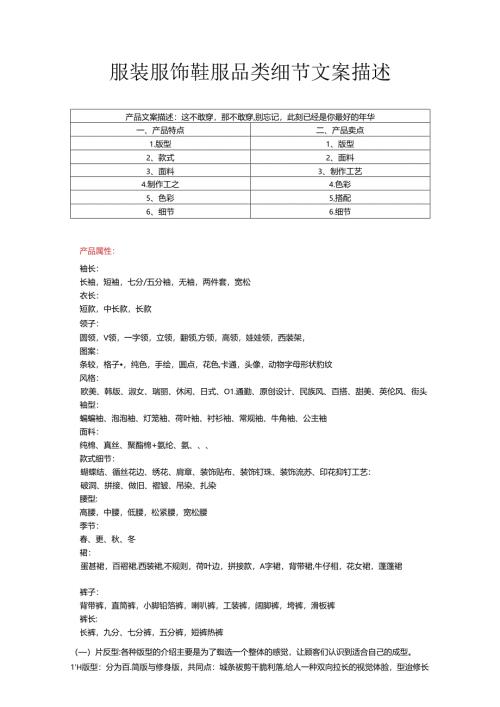 两万字服装服饰鞋服品类产品细节文案话术描述学习文档.docx