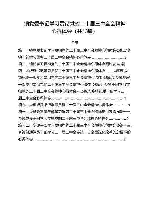 （13篇）镇党委书记学习贯彻党的二十届三中全会精神心得体会参考范文.docx