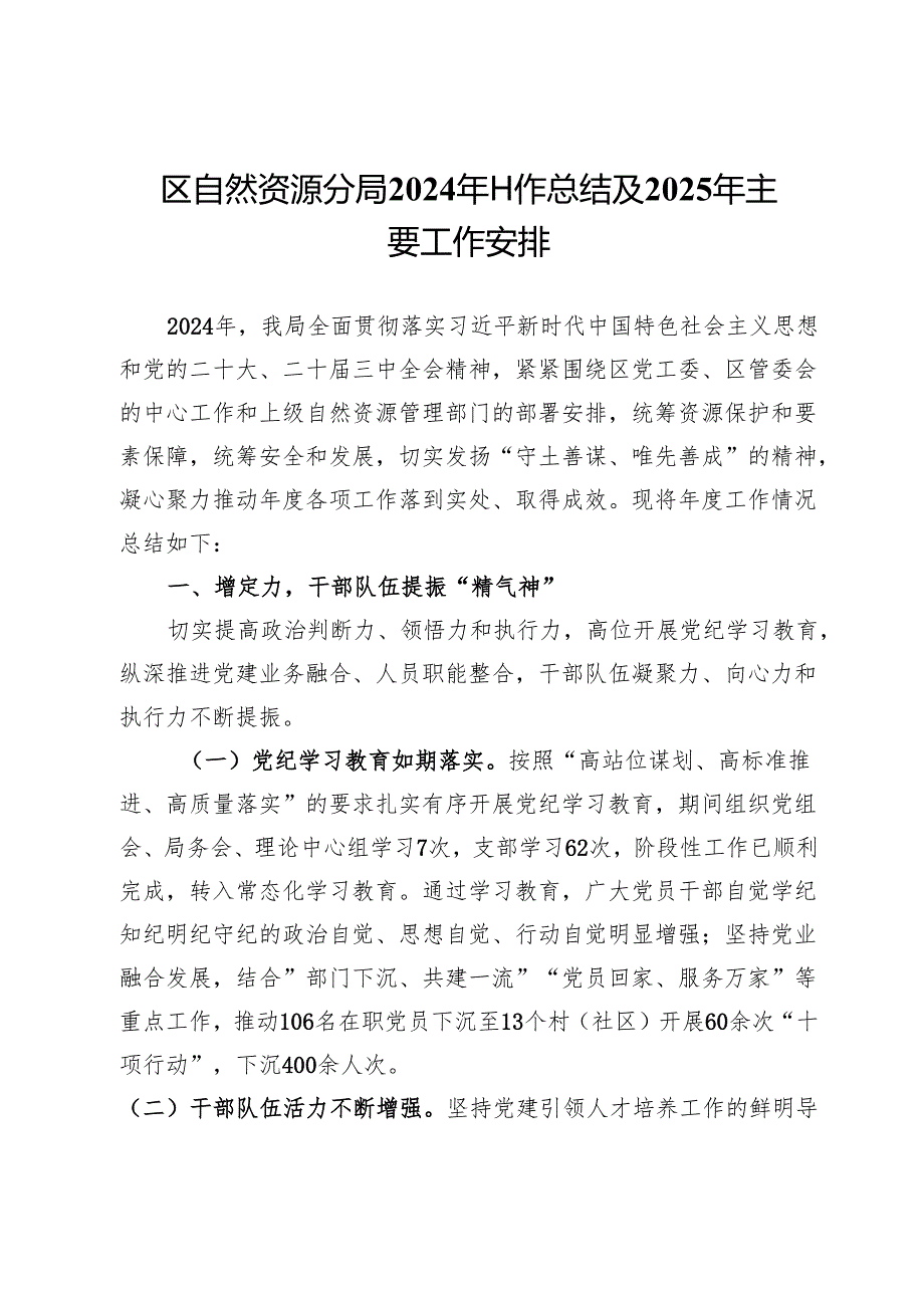 区自然资源分局2024年工作总结及2025年主要工作安排.docx_第1页