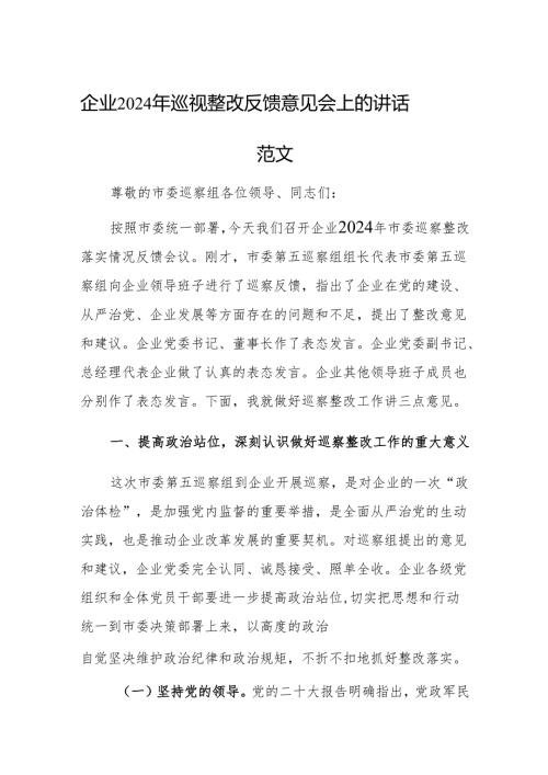 企业2024年巡视整改反馈意见会上的讲话范文.docx