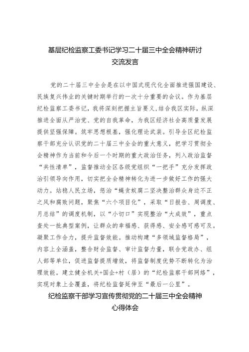 （9篇）基层纪检监察工委书记学习二十届三中全会精神研讨交流发言（详细版）.docx