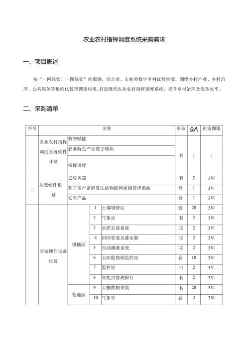 农业农村指挥调度系统采购需求.docx