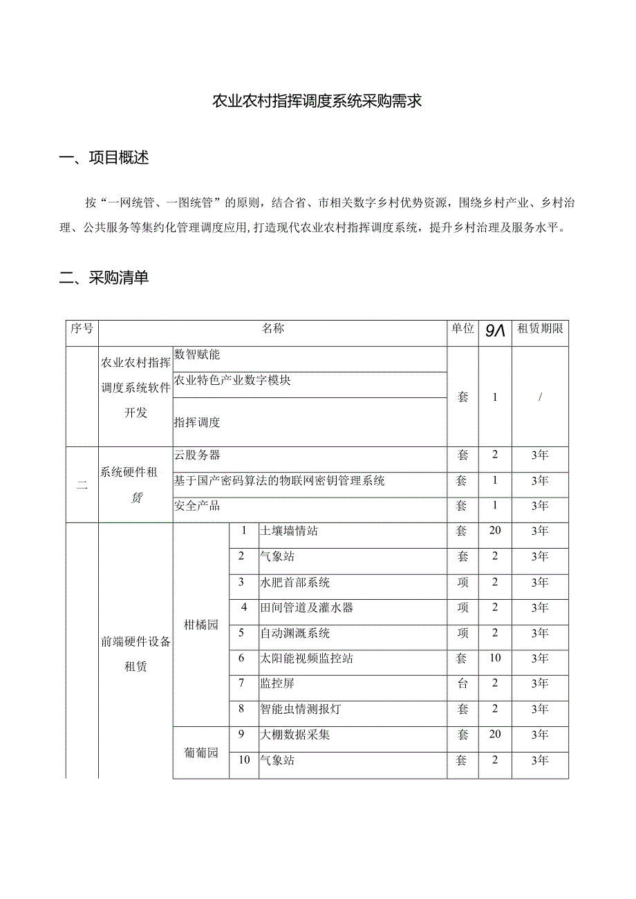 农业农村指挥调度系统采购需求.docx_第1页