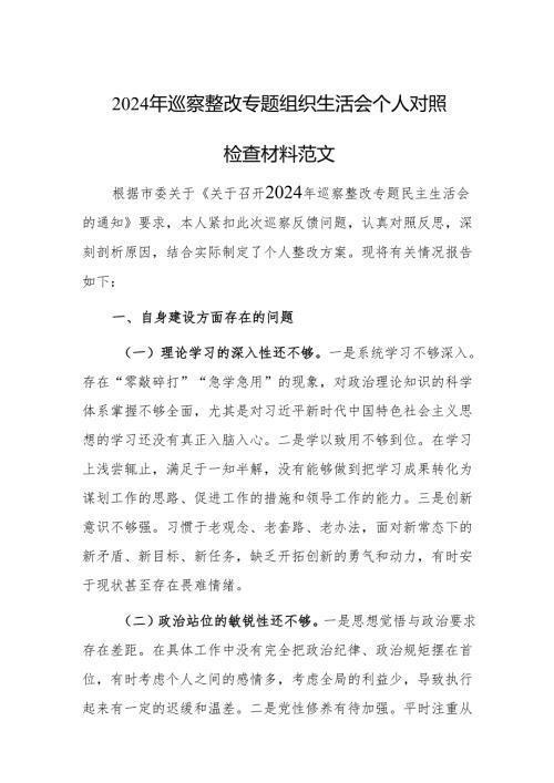 2024年巡察整改专题组织生活会个人对照检查材料范文.docx