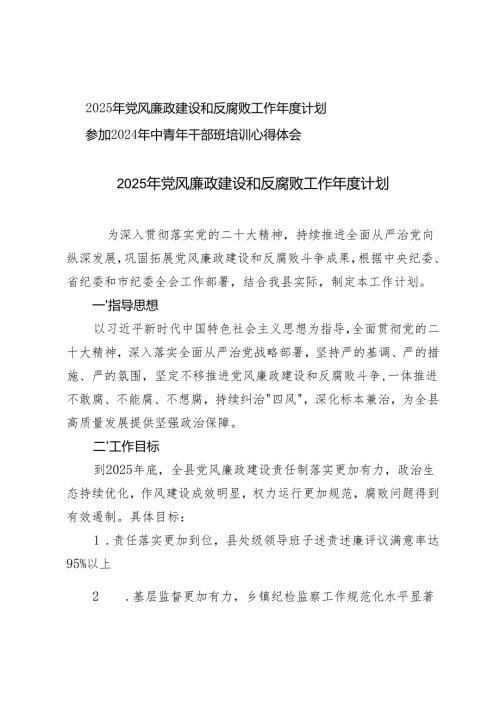2025年党风廉政建设和反腐败工作年度计划+参加2024年中青年干部班培训心得体会.docx