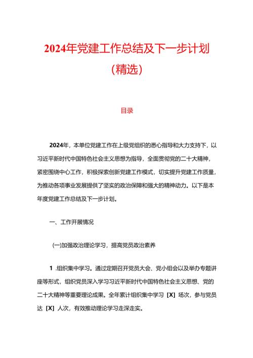 2024 党建工作总结及下一步计划（精选）.docx