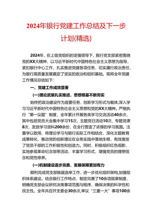 2024年银行党建工作总结及下一步计划（精选）.docx