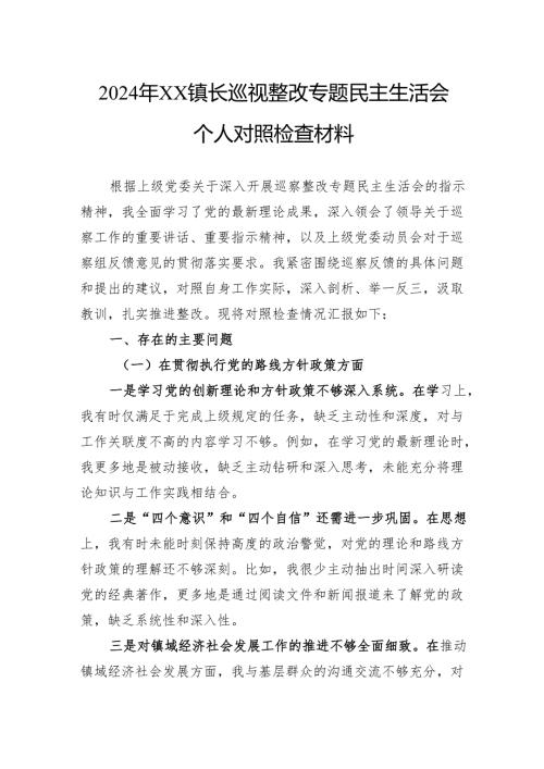 2024年镇长巡视整改专题民主生活会个人对照检查材料.docx