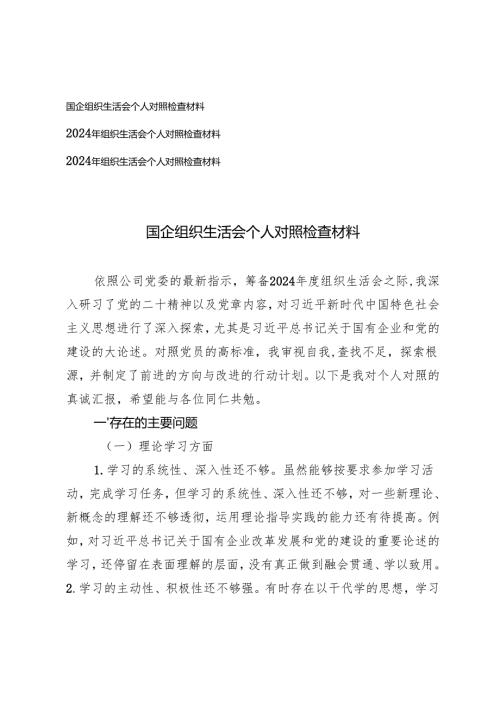 2024年国企组织生活会个人对照检查材料、2024年组织生活会个人对照检查材料.docx