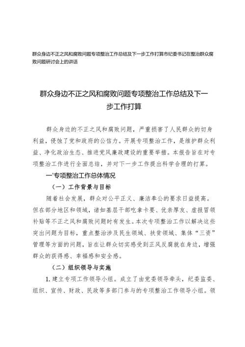 2篇 群众身边不正之风和腐败问题专项整治工作总结及下一步工作打算+市纪委书记在整治群众腐败问题研讨会上的讲话.docx