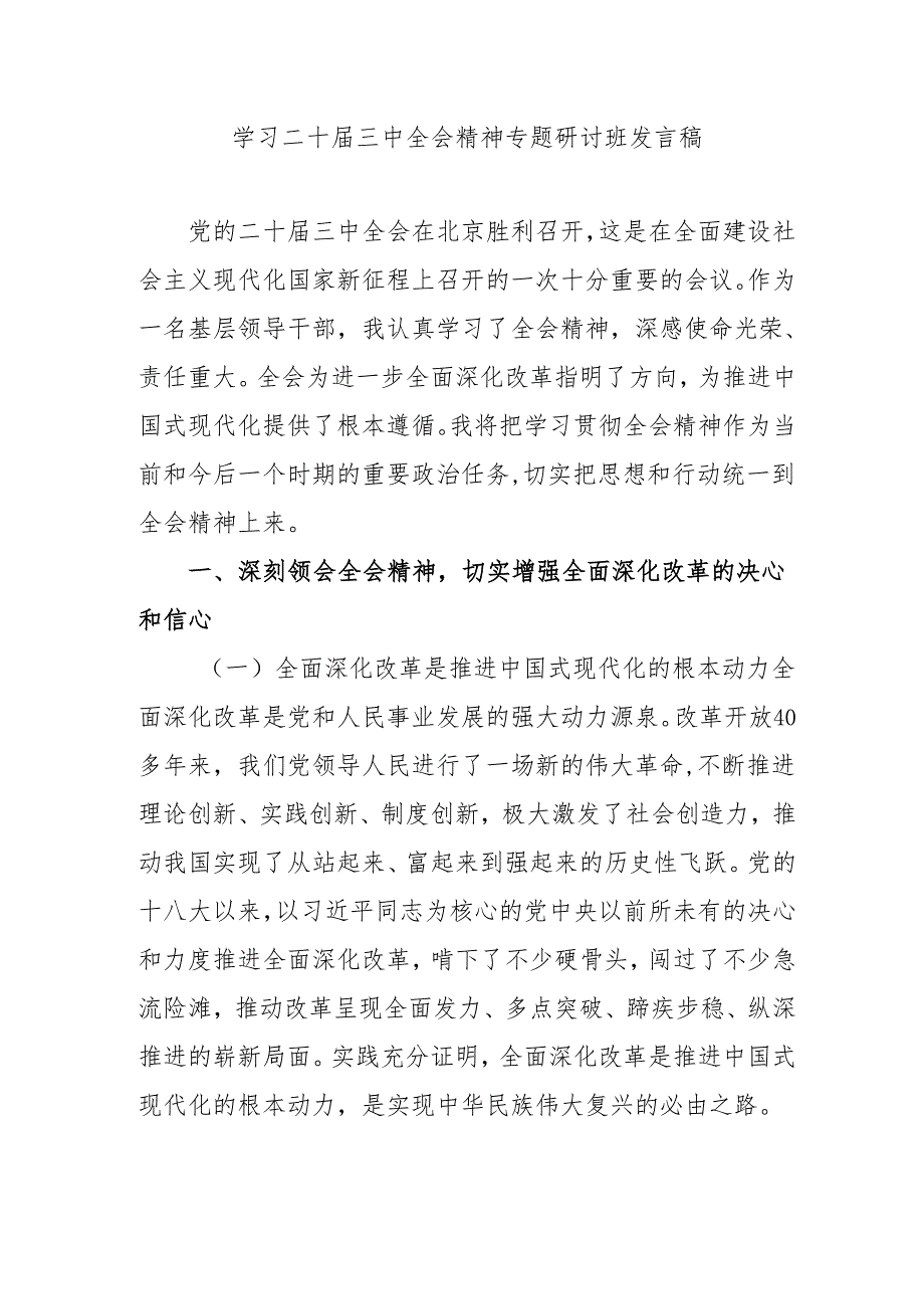 单位开展学习二十届三中全会精神专题研讨班开班发言稿(汇编5份).docx_第1页