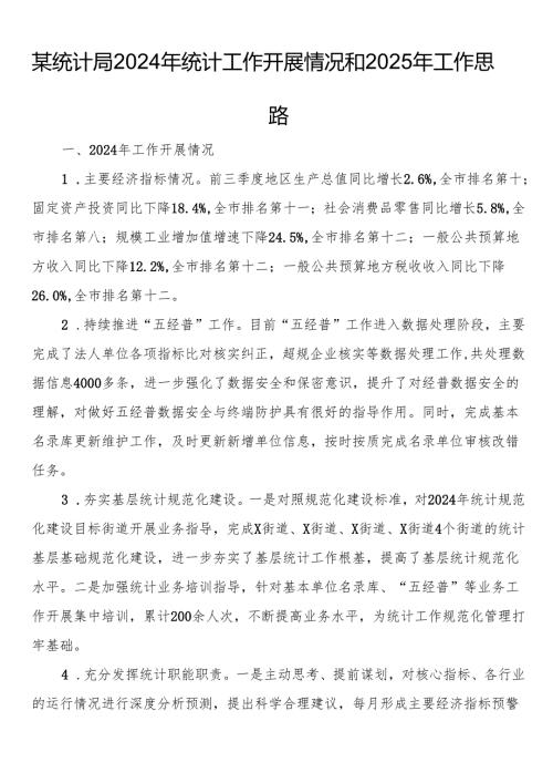 某统计局2024年统计工作开展情况和2025年工作思路.docx