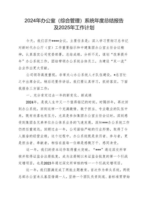 2024 年办公室（综合管理）系统年度总结报告及2025年工作计划.docx