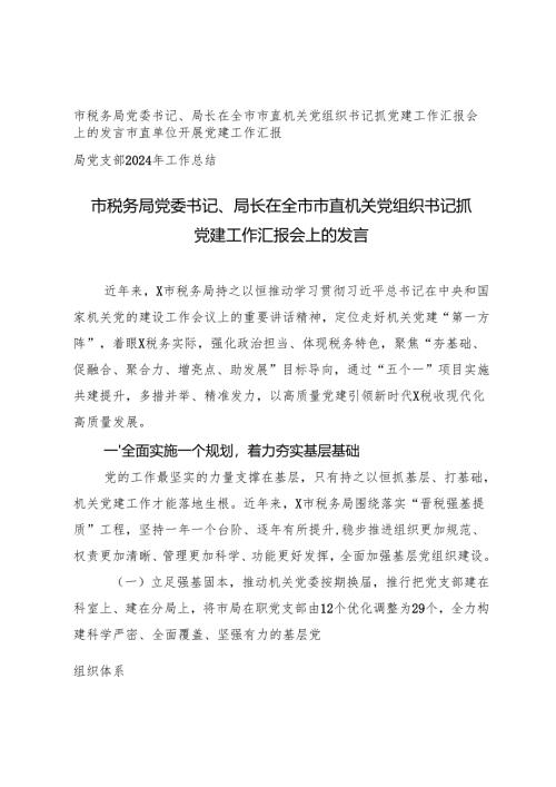 2024年税务局党委书记局长在全市市直机关党组织书记抓党建工作汇报会上的发言+局党支部2024年工作总结.docx