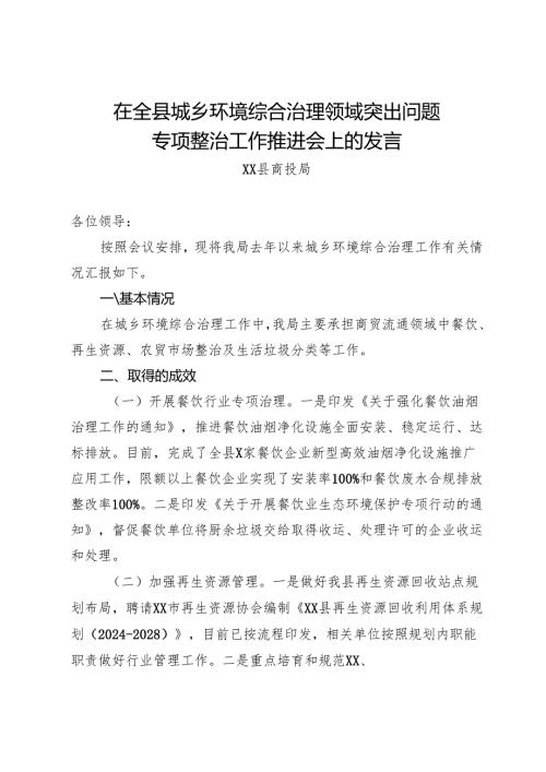 在全县城乡环境综合治理领域突出问题专项整治工作推进会上的发言.docx