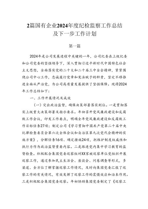 2篇国有企业2024年度纪检监察工作总结及下一步工作计划.docx