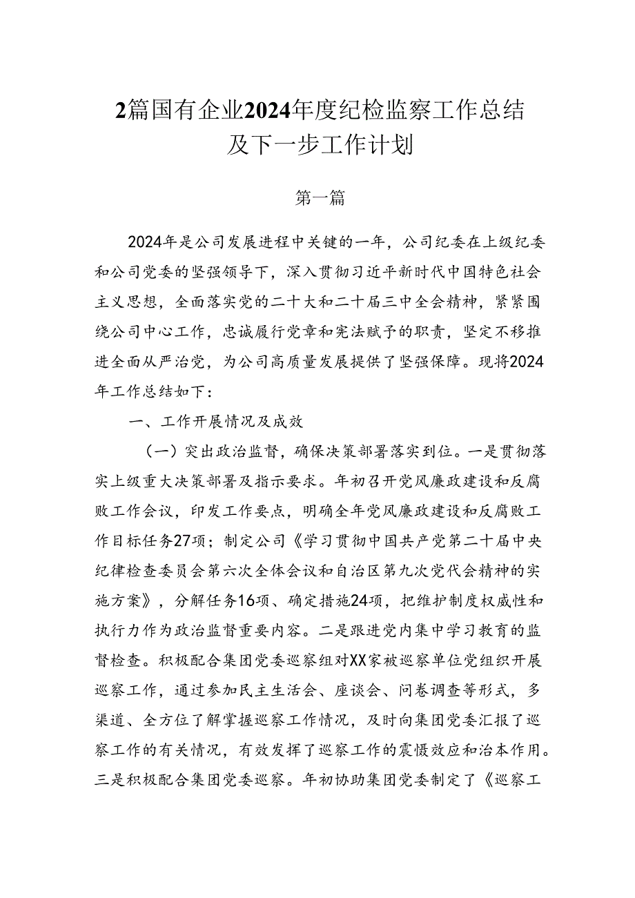 2篇国有企业2024年度纪检监察工作总结及下一步工作计划.docx_第1页