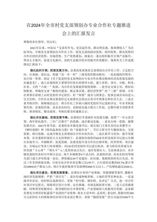 在2024年全市村党支部领创办专业合作社专题推进会上的汇报发言.docx