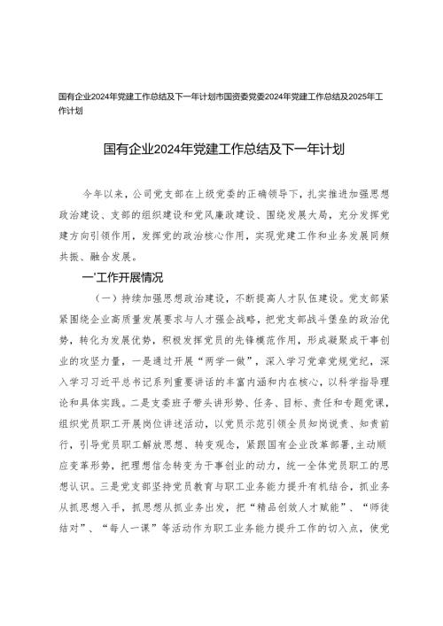 2024年党建工作总结及2025年计划（市国资委党委、国有企业）.docx