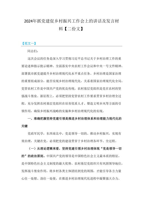 2024年抓党建促乡村振兴工作会上的讲话及发言材料【二份文】.docx