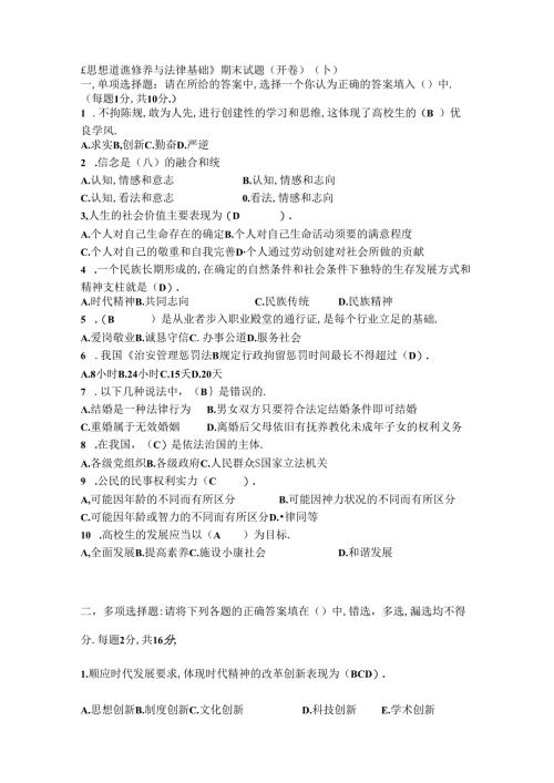 思想道德修养与法律基础试题十.docx