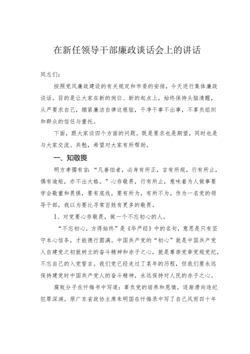 在新任领导干部廉政谈话会上的讲话.docx