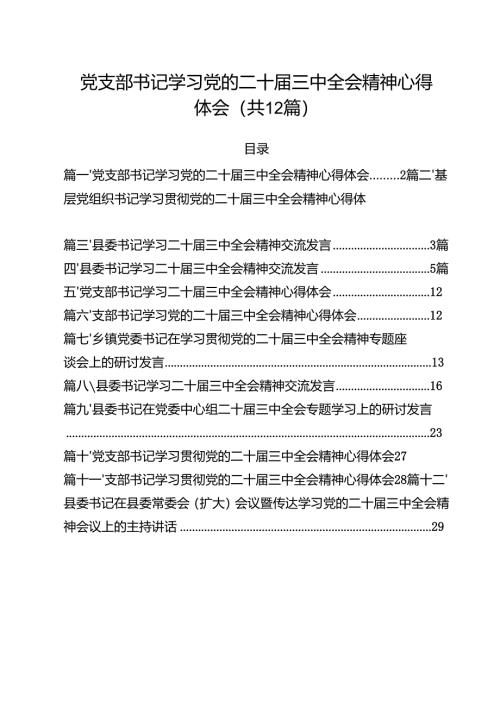 党支部书记学习党的二十届三中全会精神心得体会（共12篇选择）.docx