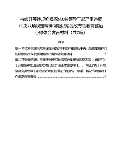 （7篇）持续开展违规吃喝深化6名领导干部严重违反中央八项规定精神问题以案促改专项教育整治心得体会发言材料专题资料.docx