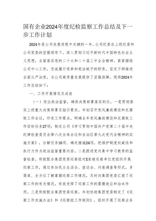 国有企业2024年度纪检监察工作总结及下一步工作计划.docx