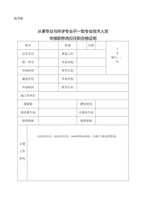 从事专业与所学专业不一致专业技术人员申报职称岗位任职合格证明附件6.docx