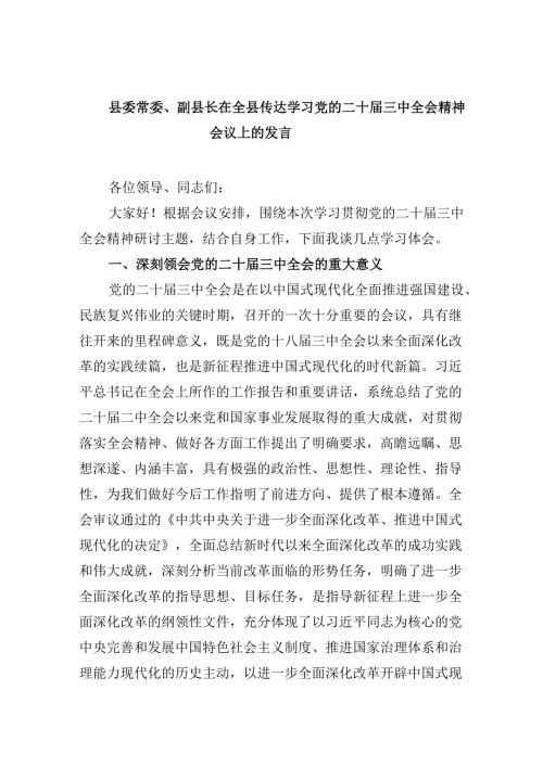 （11篇）县委常委、副县长在全县传达学习党的二十届三中全会精神会议上的发言（详细版）.docx