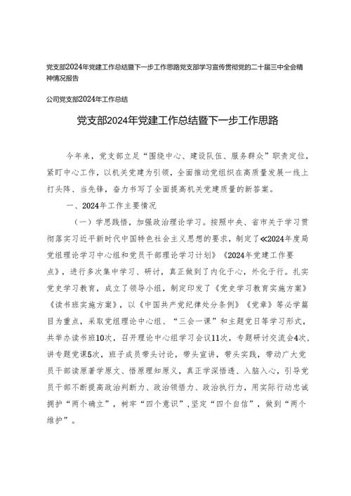 党支部2024年党建工作总结暨下一步工作思路、党支部学习宣传贯彻党的二十届三中全会精神情况报告、党支部2024年工作总结.docx