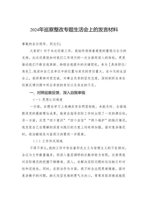 2024年巡察整改专题生活会上的发言材料.docx