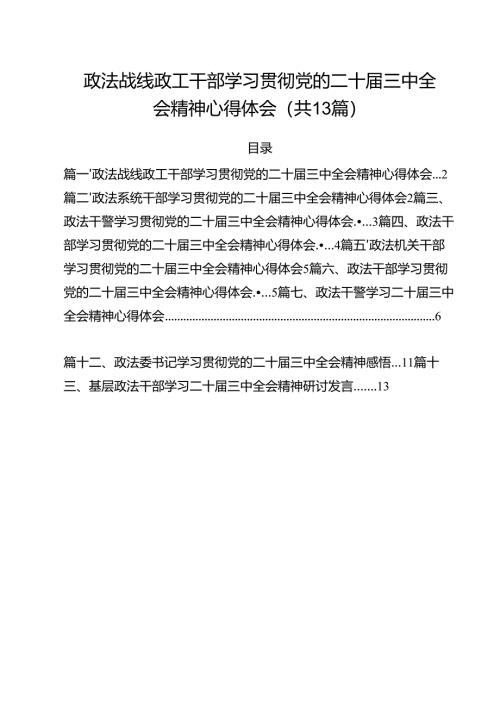 政法战线政工干部学习贯彻党的二十届三中全会精神心得体会13篇（精选）.docx
