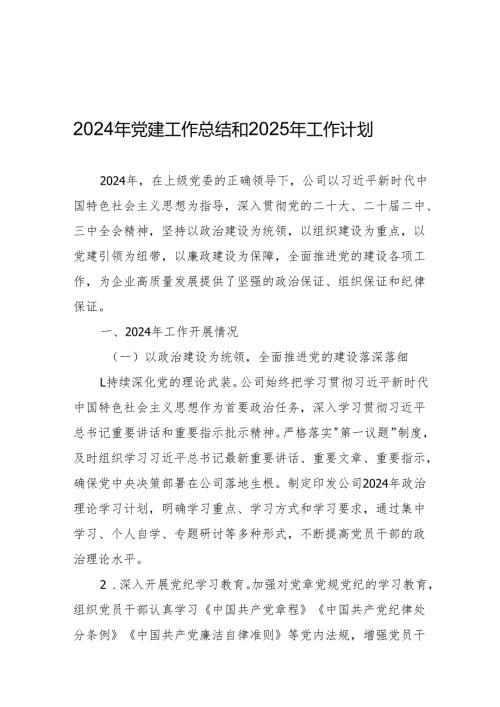 公司 2024年党建工作总结和2025年工作计划.docx