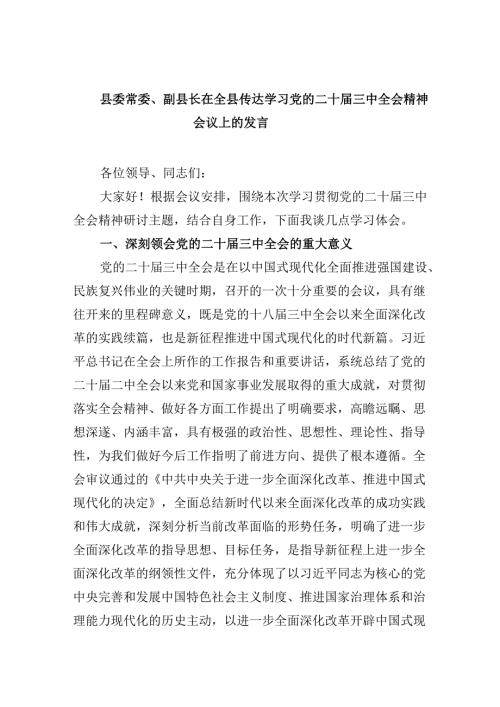 （11篇）县委常委、副县长在全县传达学习党的二十届三中全会精神会议上的发言（最新版）.docx