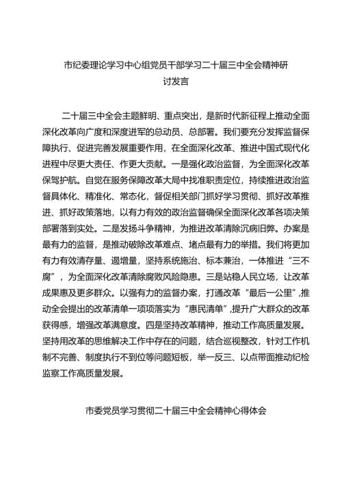 市纪委理论学习中心组党员干部学习二十届三中全会精神研讨发言7篇（详细版）.docx