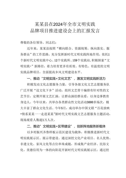 某某县在2024年全市文明实践品牌项目推建设进会上的汇报发言.docx