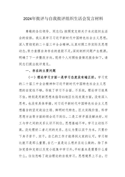 2024年党员干部《批评与自我批评组织生活会》发言材料 （2份）.docx