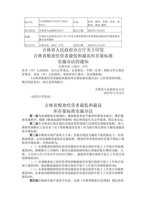 2022.11吉林省粮食经营者最低和最高库存量标准实施办法.docx