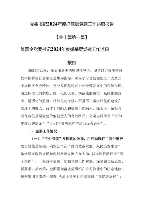 （10篇）党委书记2024年度抓基层党建工作述职报告.docx