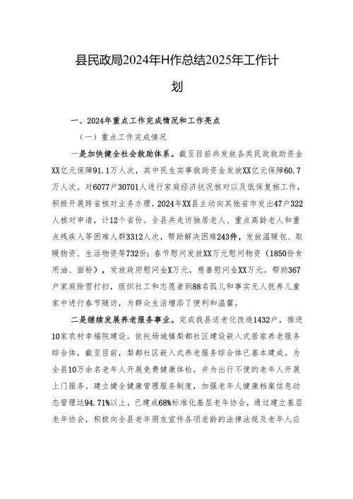 县民政局2024年工作总结2025年工作计划.docx