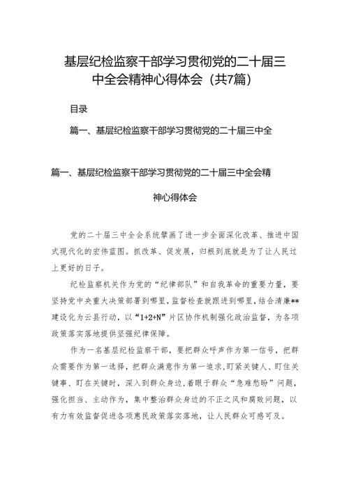基层纪检监察干部学习贯彻党的二十届三中全会精神心得体会7篇（详细版）.docx