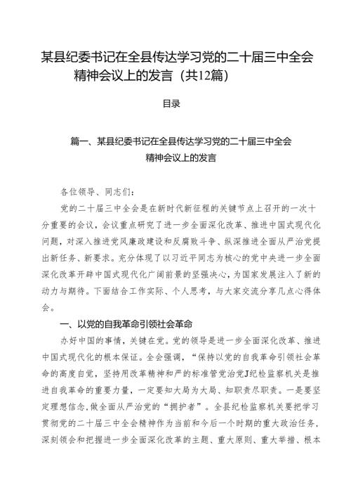 某县纪委书记在全县传达学习党的二十届三中全会精神会议上的发言12篇（最新版）.docx
