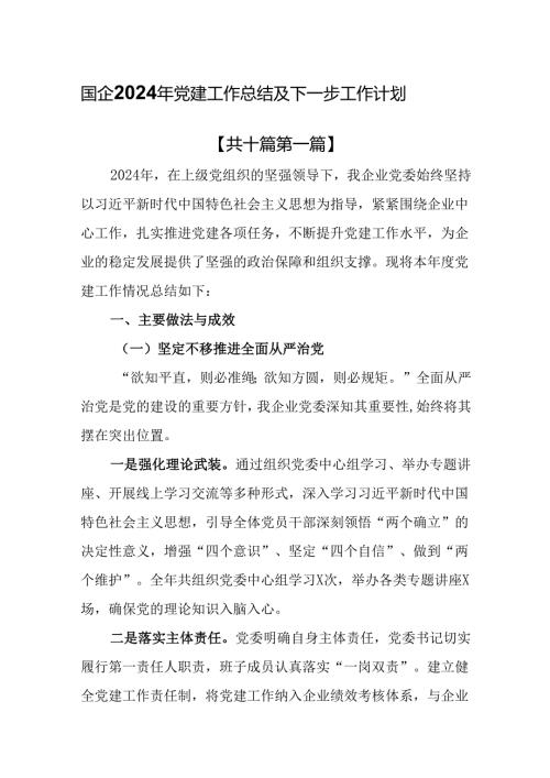 （10篇）国企2024年党建工作总结及下一步工作计划.docx