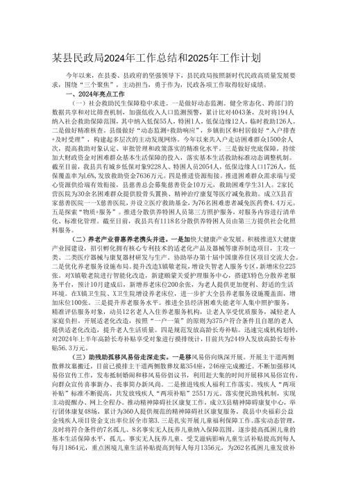 某县民政局2024年工作总结和2025年工作计划.docx