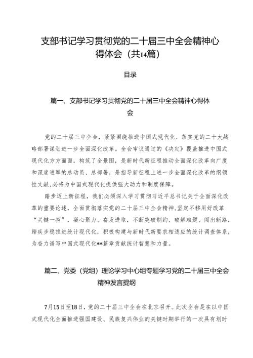 支部书记学习贯彻党的二十届三中全会精神心得体会14篇供参考.docx