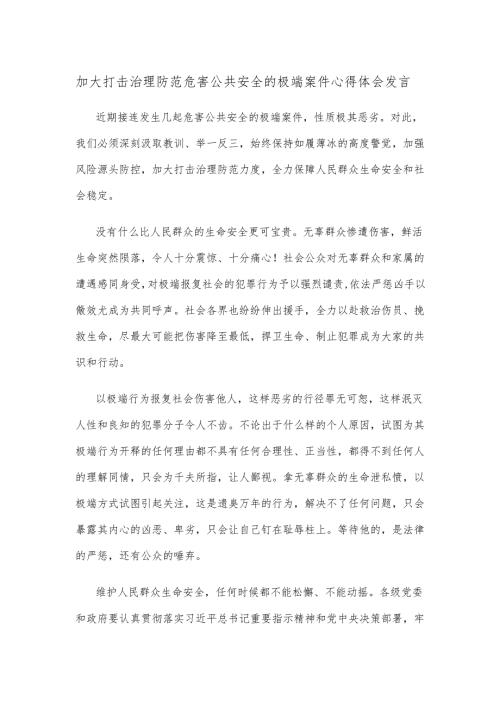 加大打击治理防范危害公共安全的极端案件心得体会发言.docx
